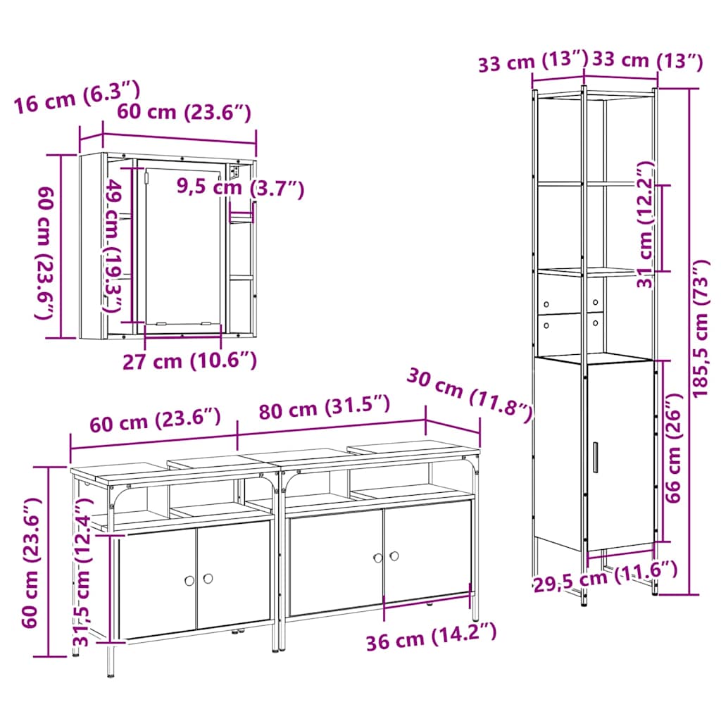 Juego de muebles de baño 4 pcs Roble Negro Madera de ingeniería