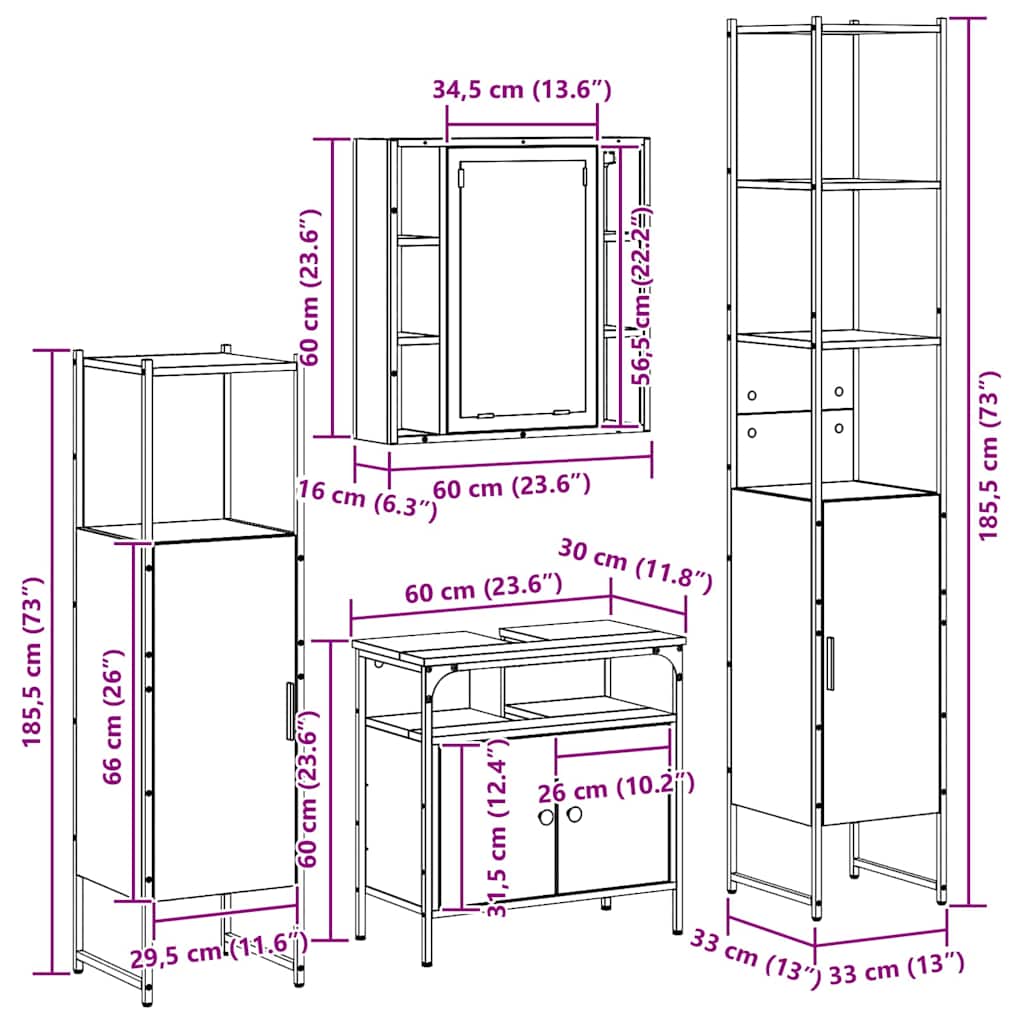 Juego de muebles de baño 4 pcs Roble Negro Madera de ingeniería