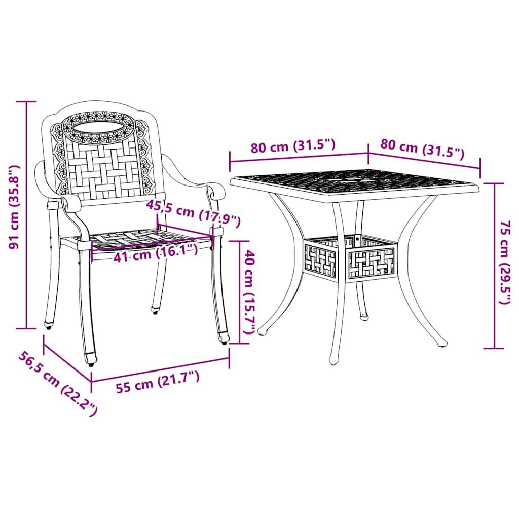 Conjunto de mesa de jardín 3 pcs Blanco Aluminio fundido