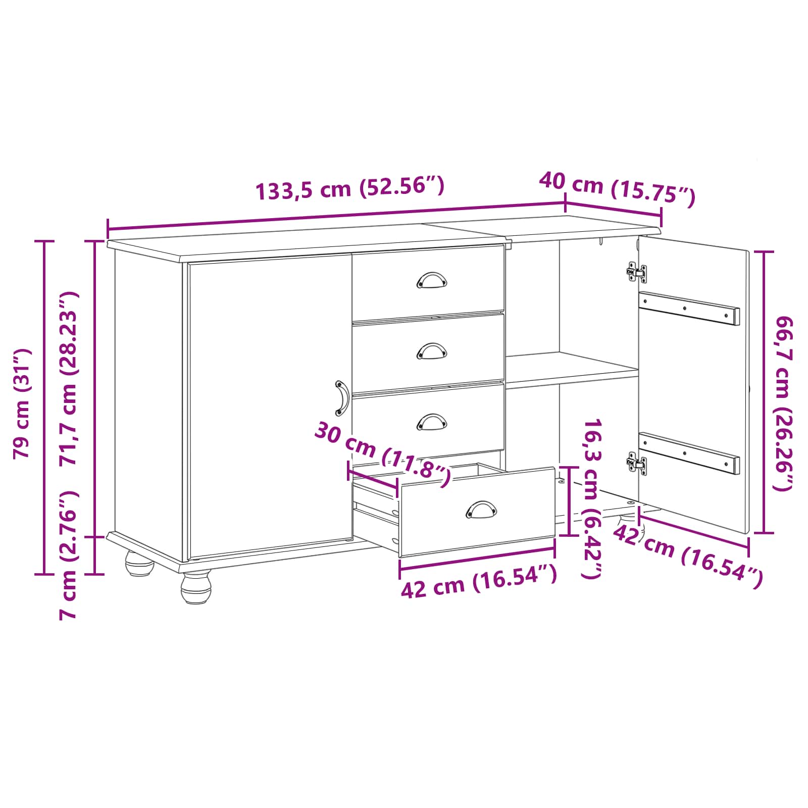 Aparador ASKIM 133,5 x 40 x 79 cm Madera maciza de pino