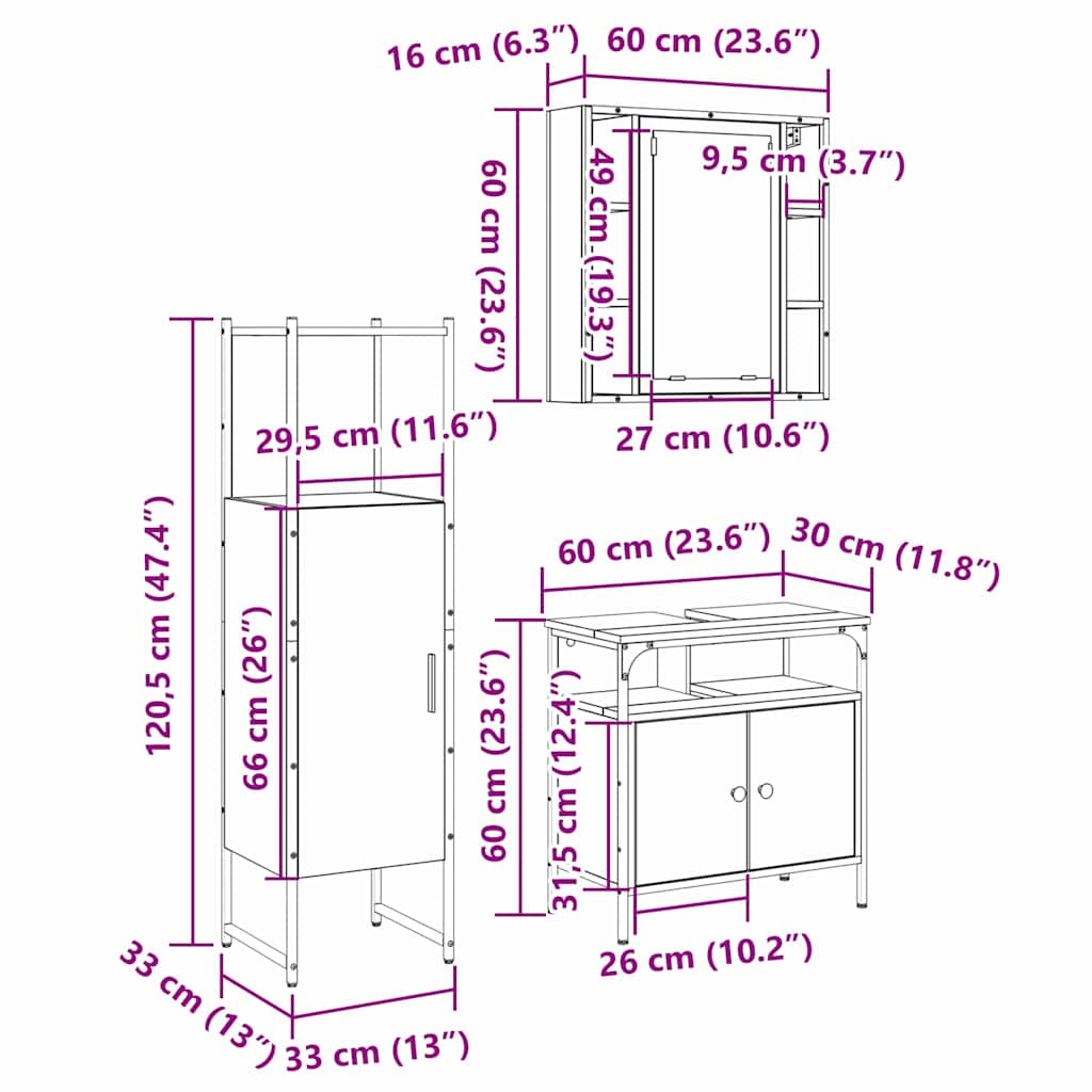 Juego de muebles de baño 3 pcs Marrón Madera contrachapada