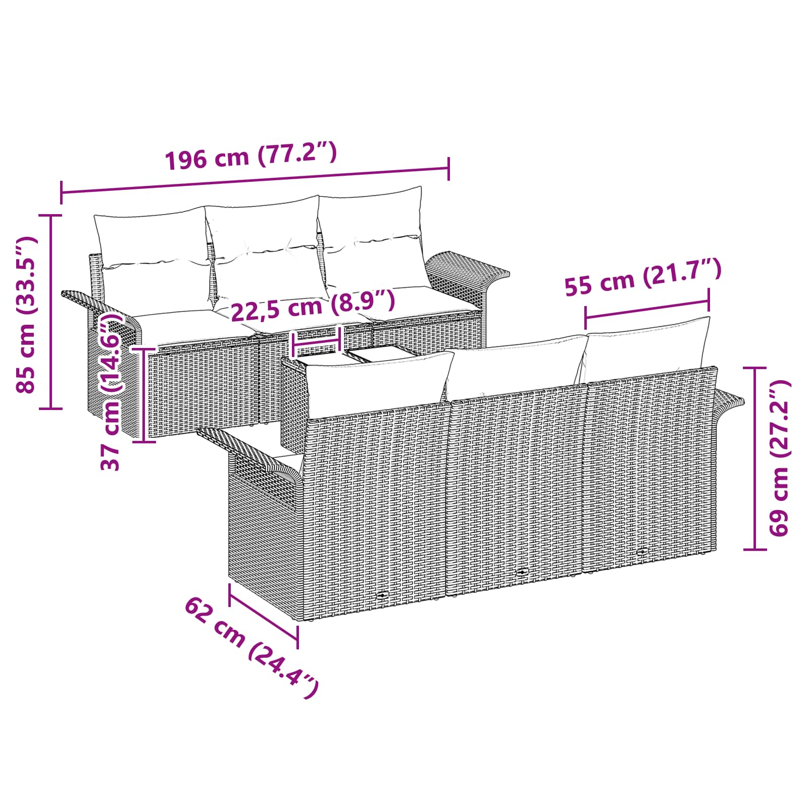 Conjunto de sofá de jardín 7 pcs Marrón ratán sintético