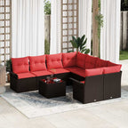 Conjunto de sofá de jardín 9 pcs Marrón y Rojo ratán sintético