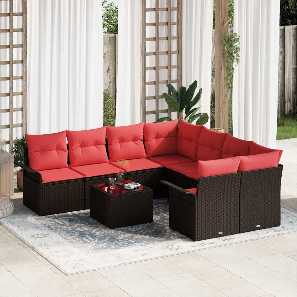 Conjunto de sofá de jardín 9 pcs Marrón y Rojo ratán sintético