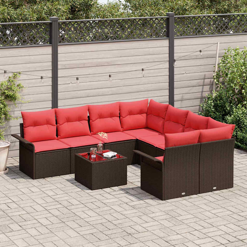 Conjunto de sofá de jardín 9 pcs Marrón y Rojo ratán sintético