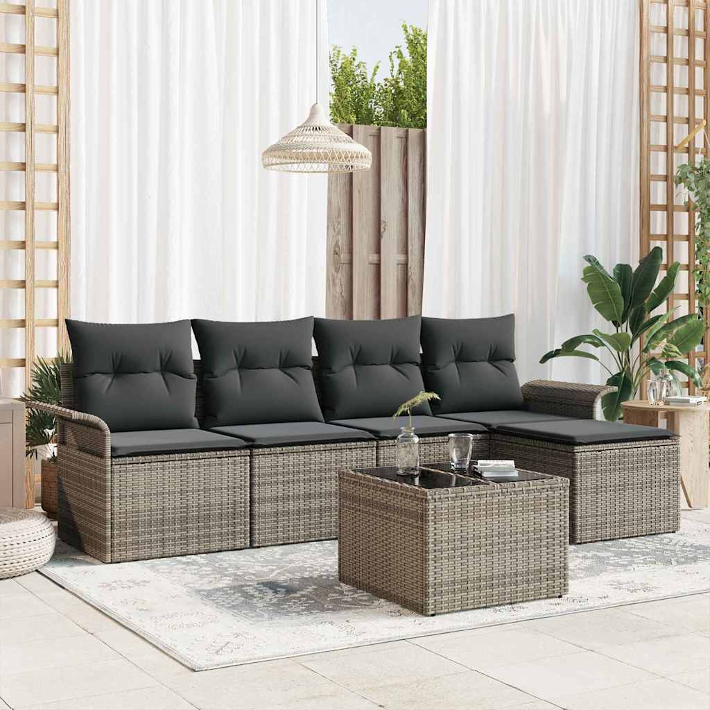 Sofá de exterior con cojín 5 pcs Beige ratán sintético