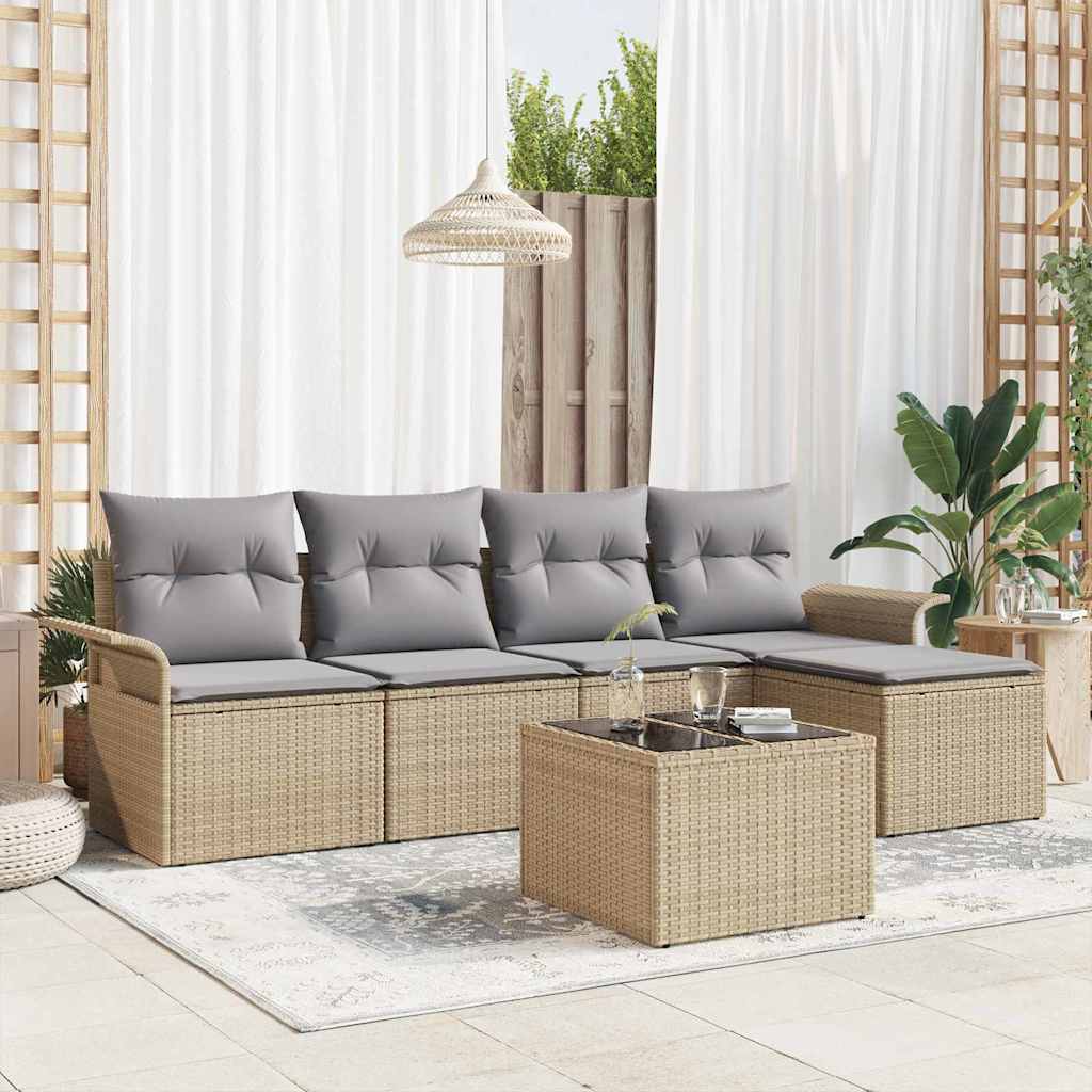 Sofá de exterior con cojín 5 pcs Beige ratán sintético