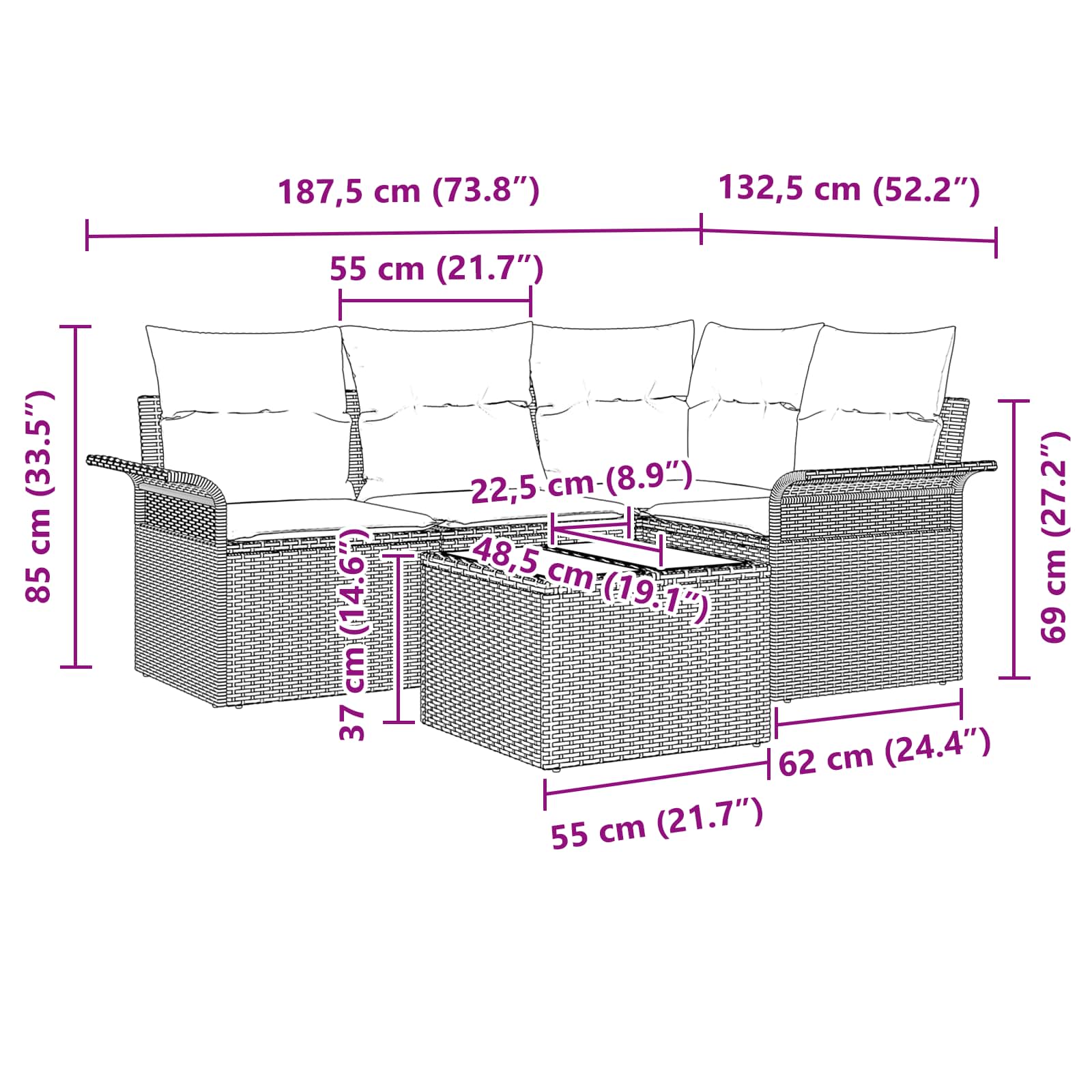 Conjunto de sofá de jardín 5 pcs Marrón ratán sintético