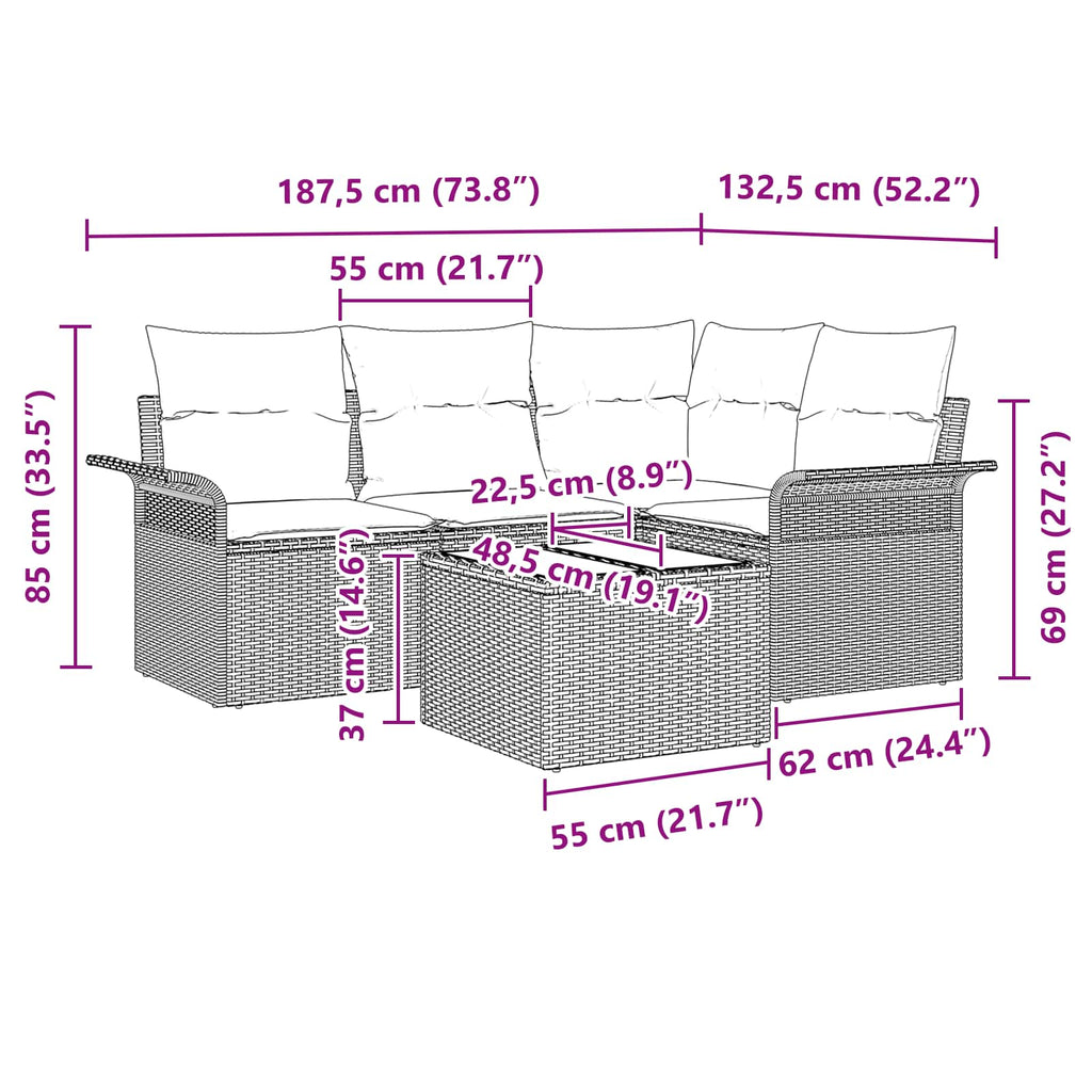 Conjunto de sofá de jardín 5 pcs Negro ratán sintético