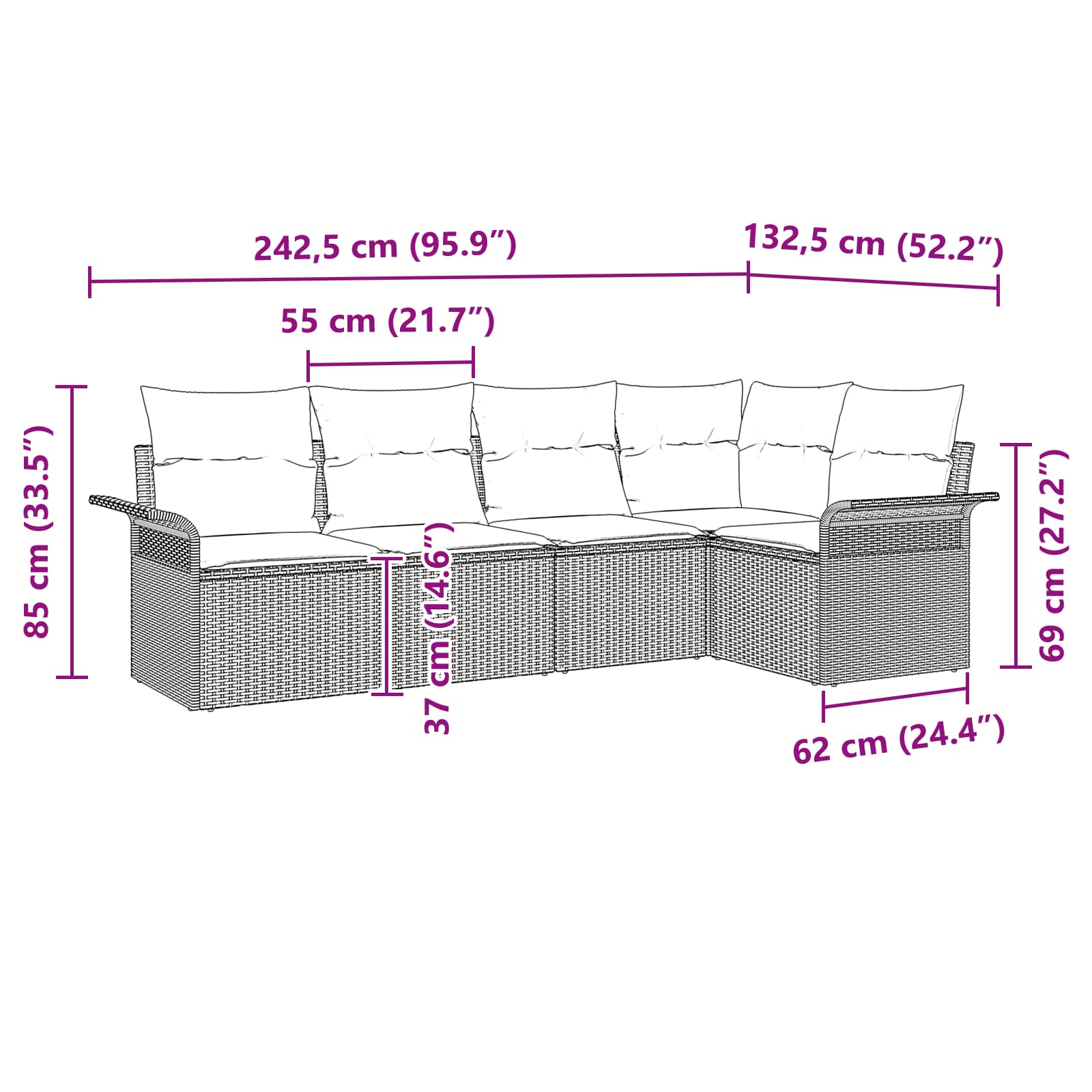 Conjunto de sofá de jardín 5 pcs Marrón ratán sintético