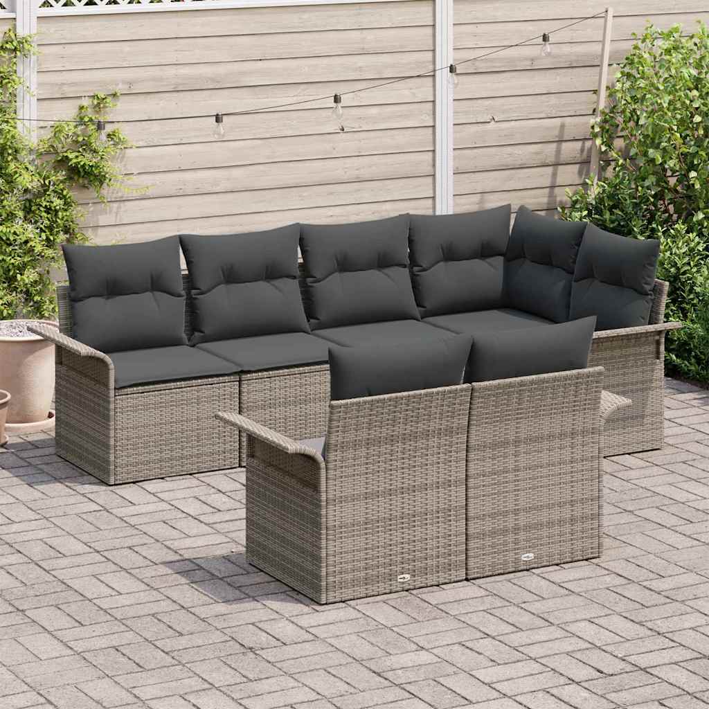 Conjunto de sofá de jardín con cojín 7 pcs Gris ratán sintético