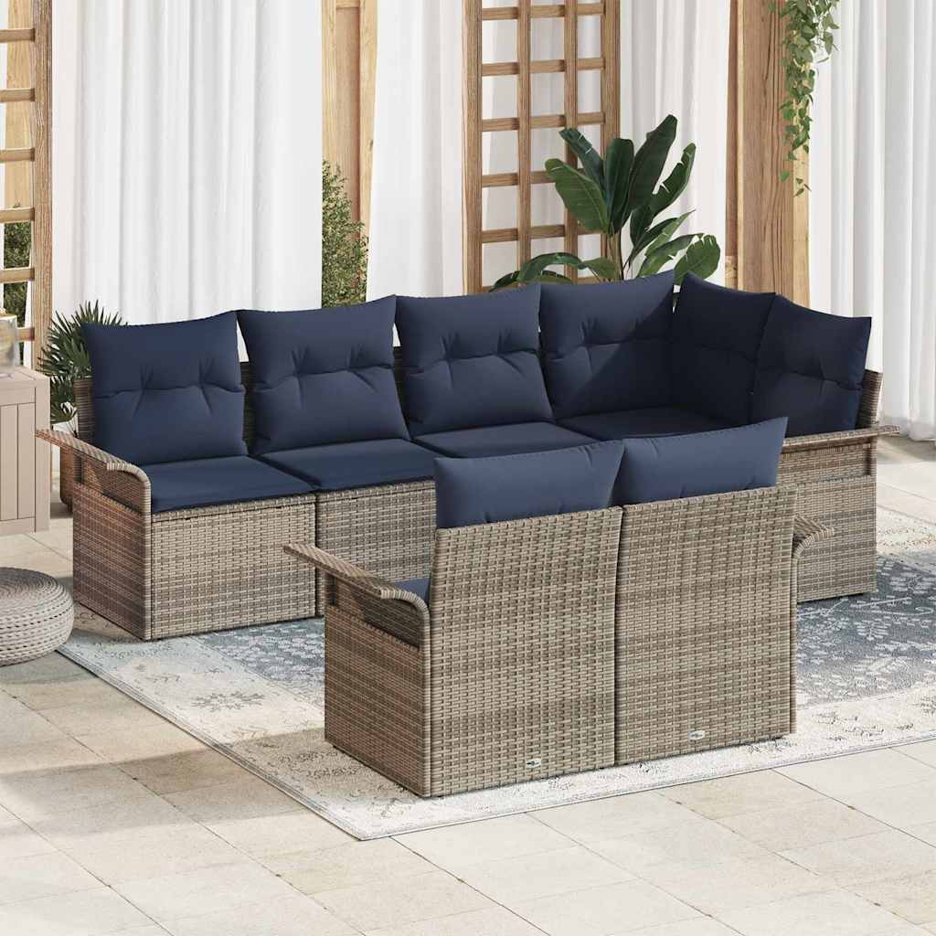 Conjunto de sofá de jardín con cojín 7 pcs Gris ratán sintético