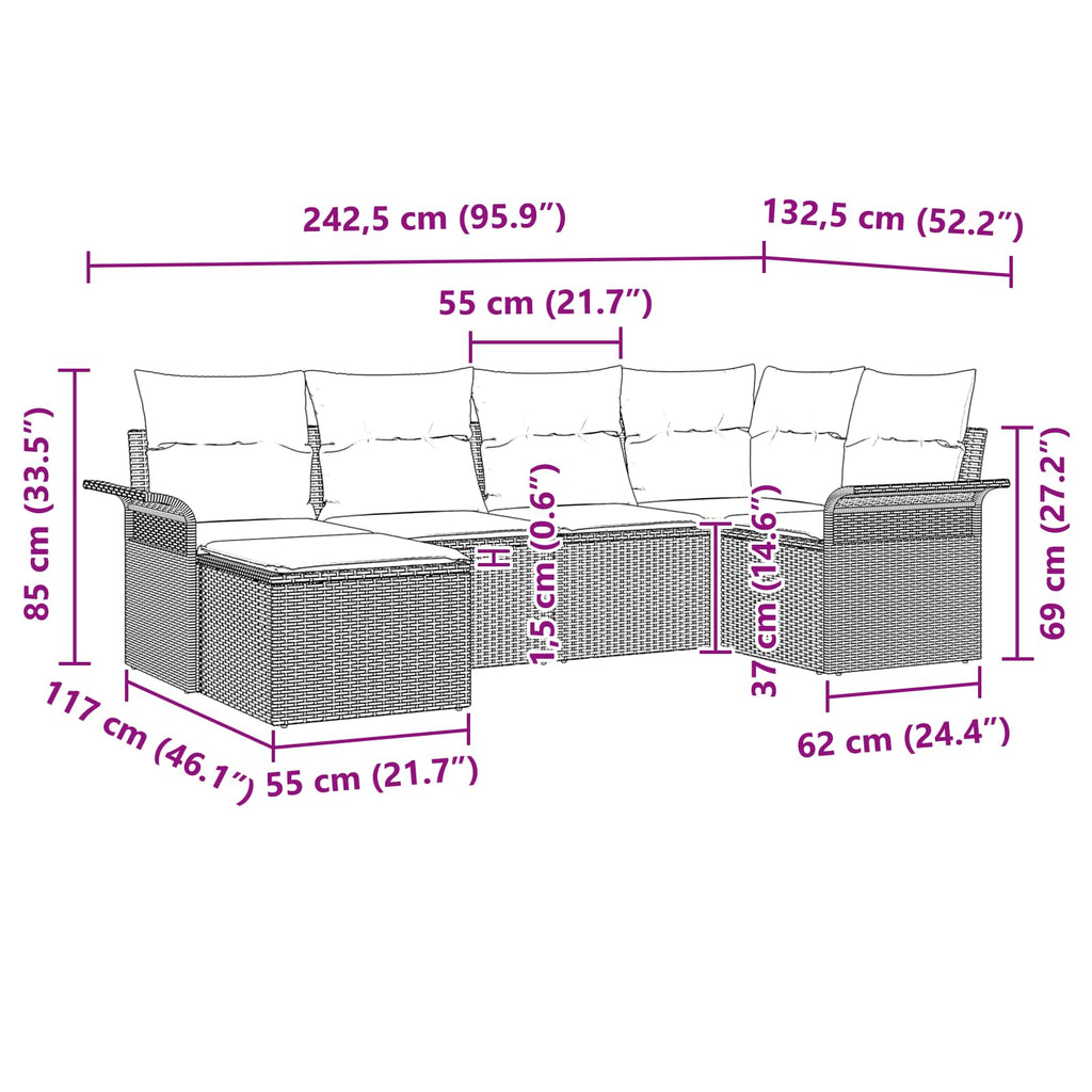 Conjunto de sofá de jardín 6 pcs Marrón ratán sintético