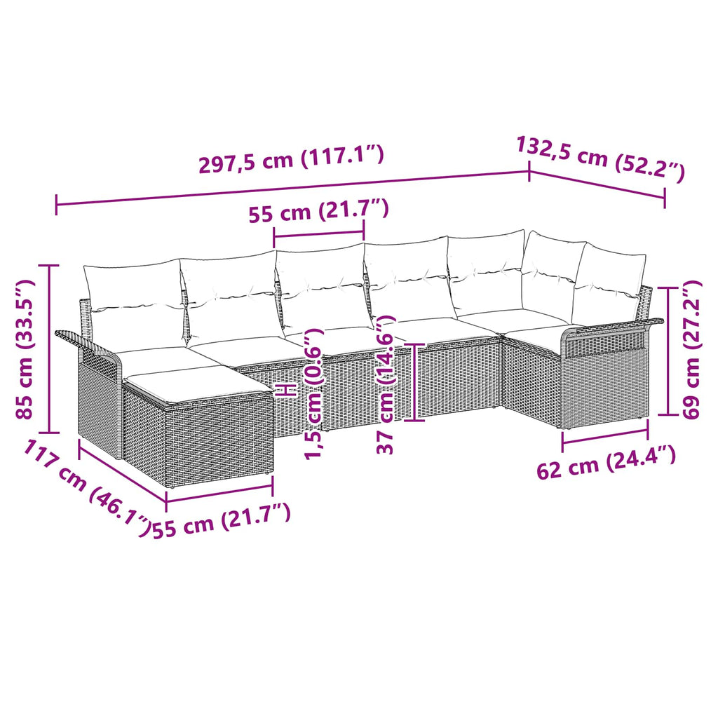 Conjunto de sofá de jardín 7 pcs Negro ratán sintético