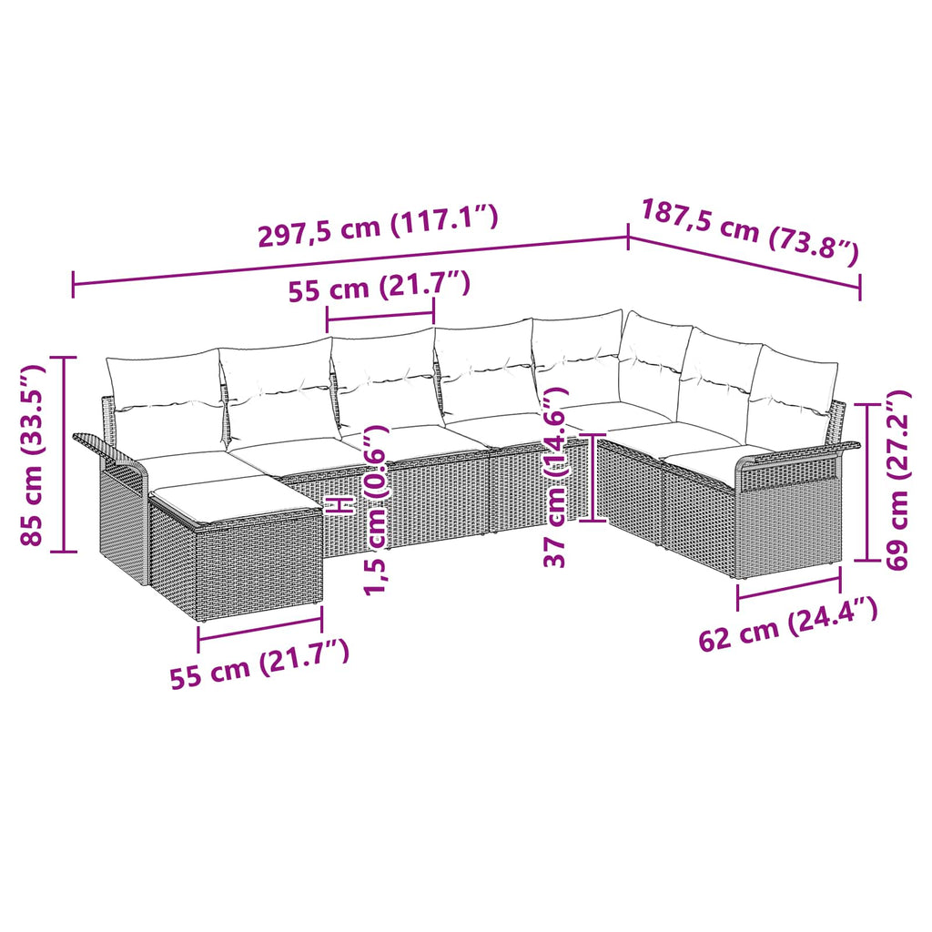 Conjunto de sofá de jardín 8 pcs Marrón ratán sintético