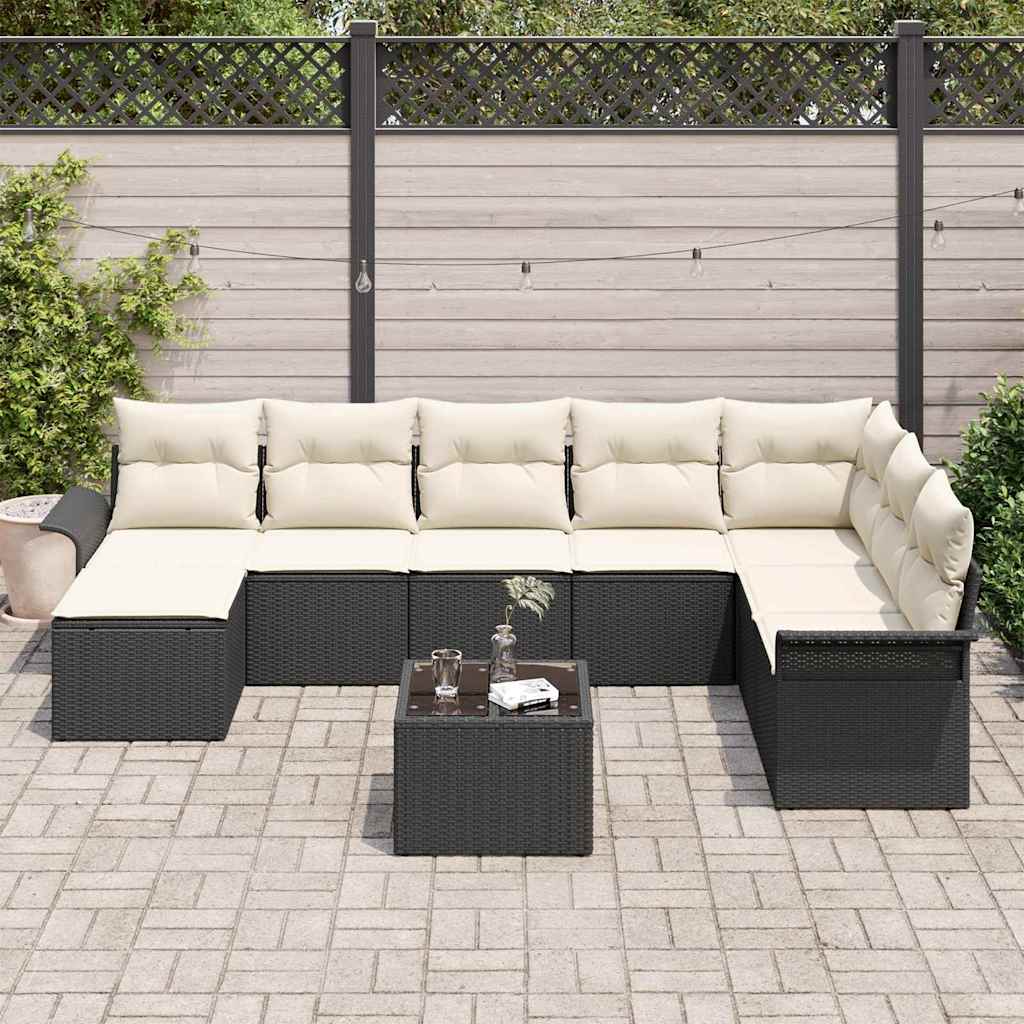 Conjunto de sofá de jardín con cojín 9 pcs Negro Poliratán
