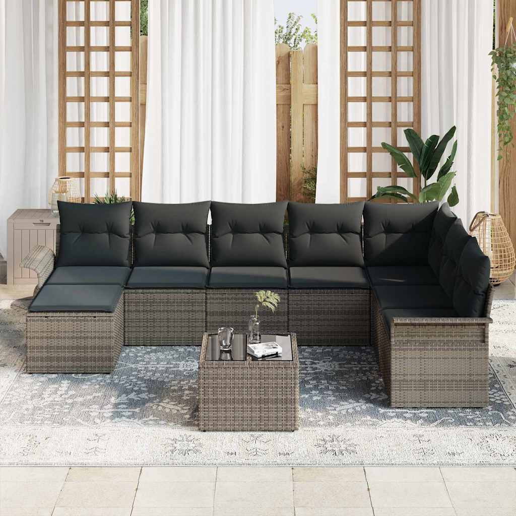Conjunto de sofá de jardín con cojín 9 pcs Gris Poliratán