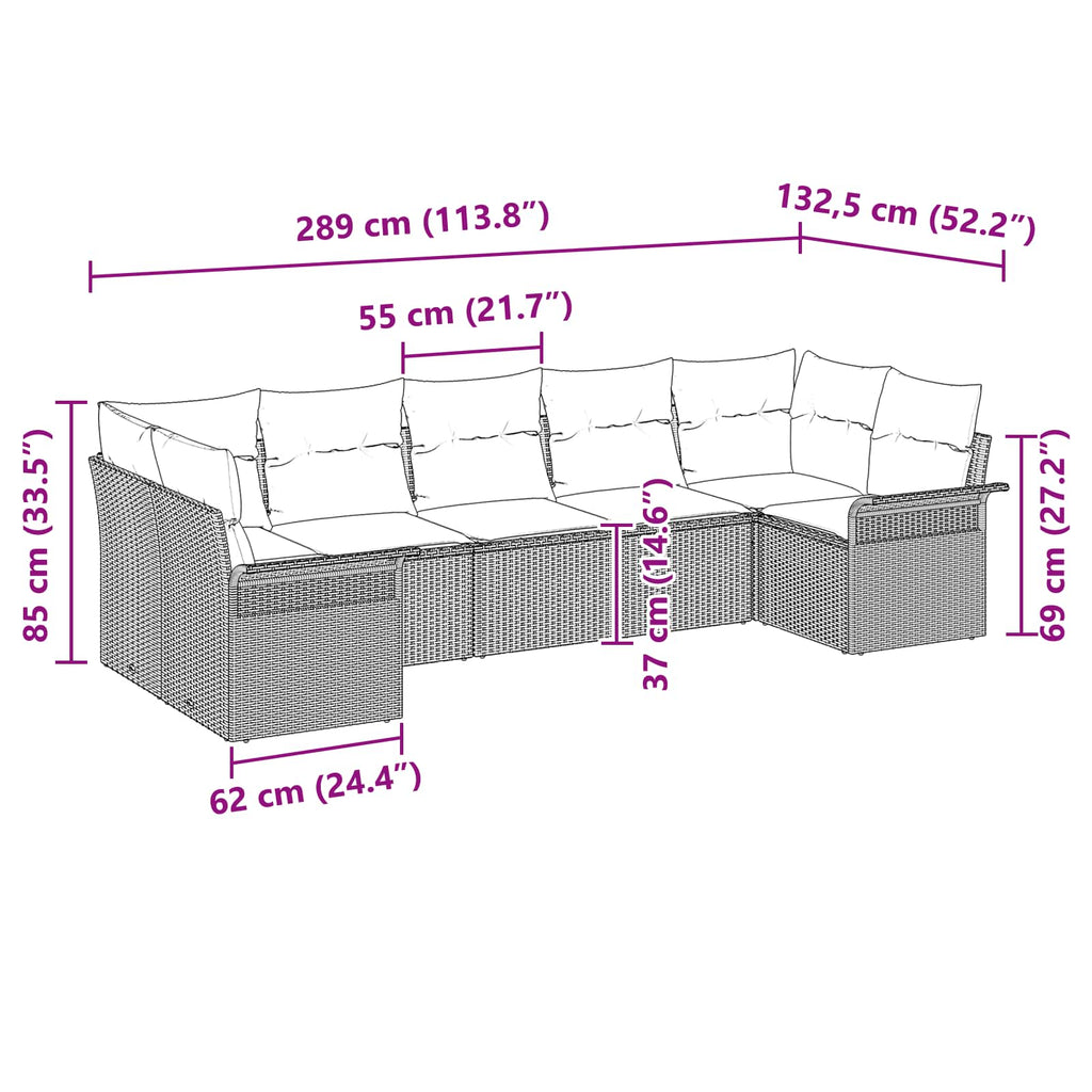 Conjunto de sofá de jardín con cojín 7 pcs Gris Poliratán