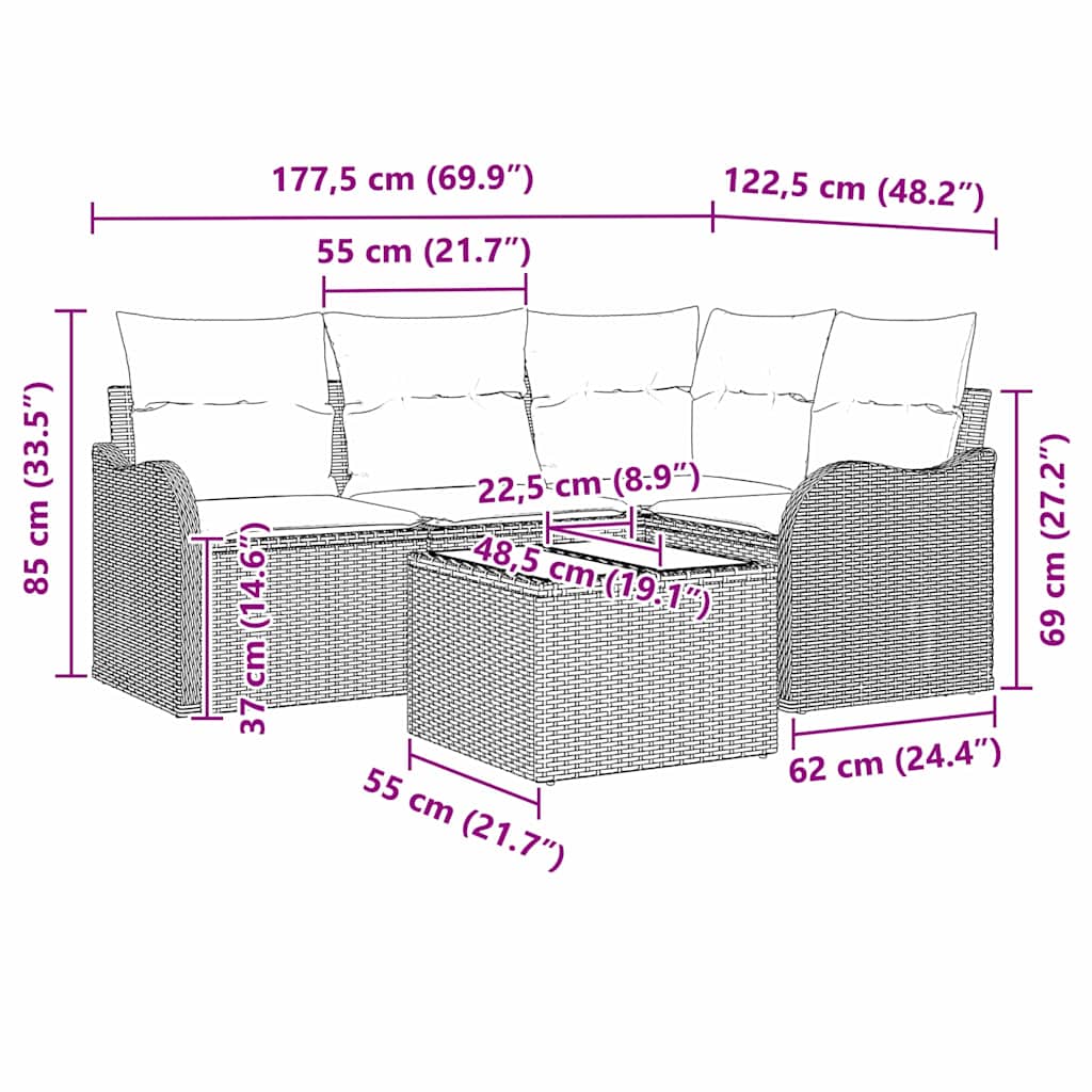 Conjunto de sofá de jardín Gris Claro ratán sintético