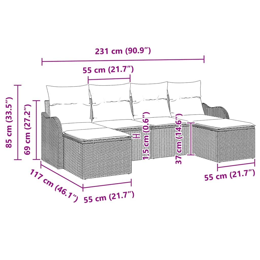 Conjunto de sofá de jardín con cojín 6 pcs Beige Poliratán