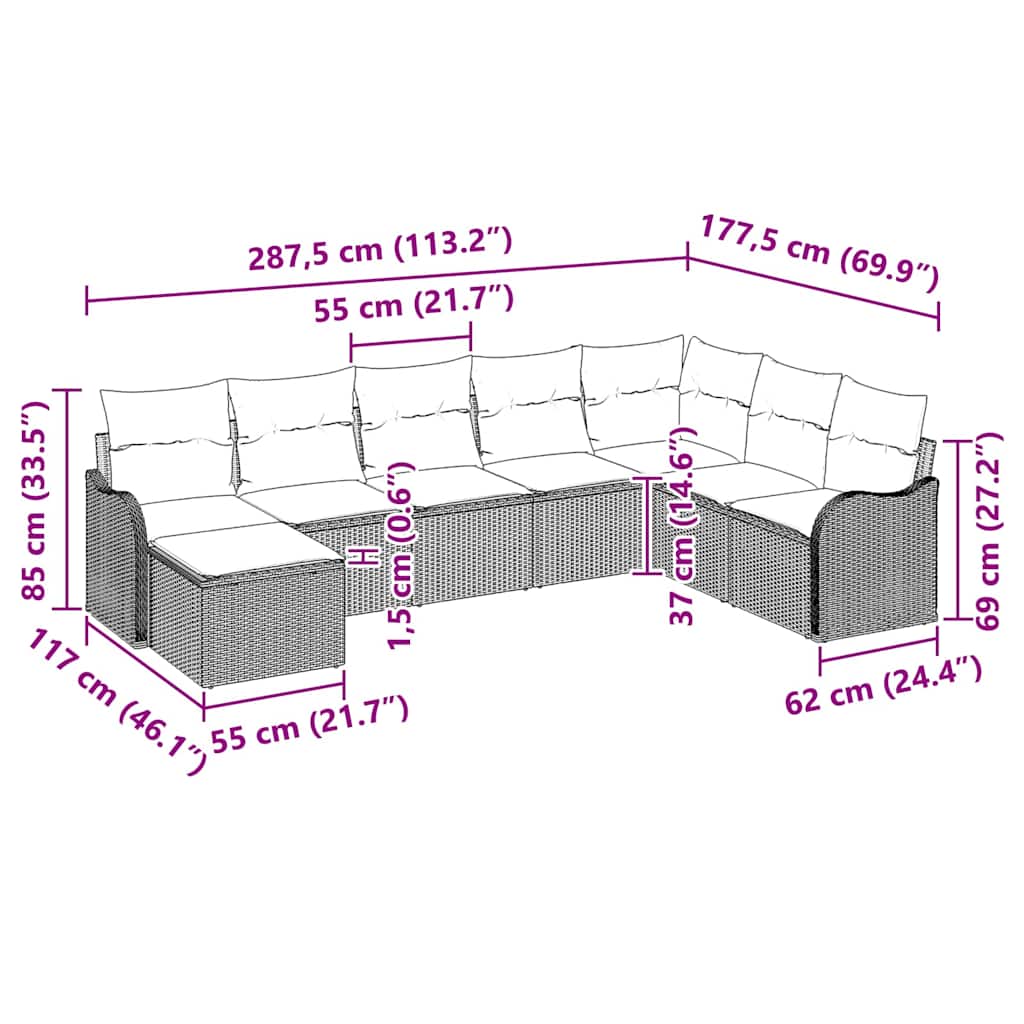 Conjunto de sofá de jardín con cojín 8 pcs Gris claro Poliratán