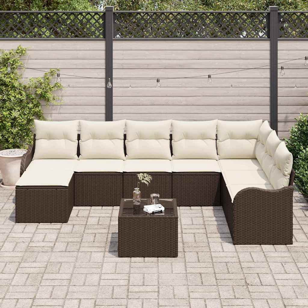 Conjunto de sofá de jardín con cojín 9 pcs Marrón Poliratán