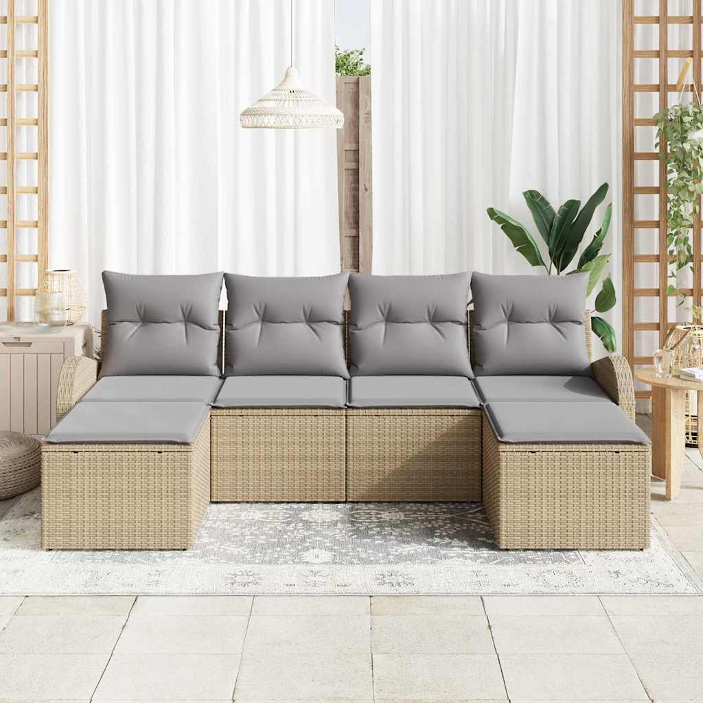 Conjunto de sofá de jardín 6 pcs Beige Rattan de Poliéster