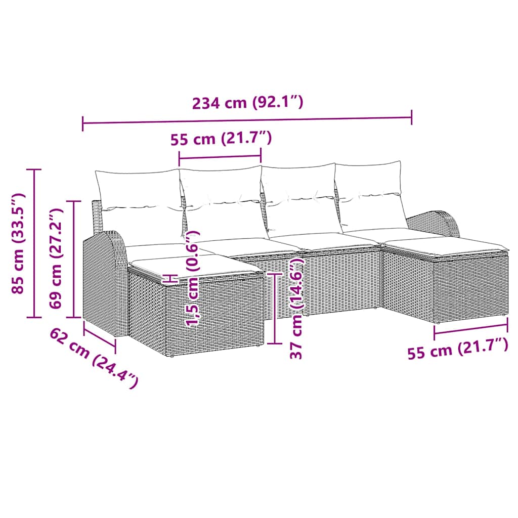 Conjunto de sofá de jardín 6 pcs Gris Claro Rattan de Poliéster