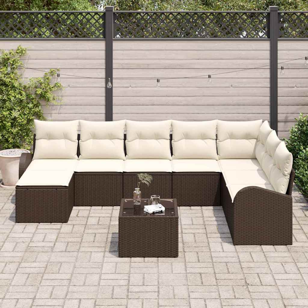 Conjunto de sofá de jardín con cojín 9 pcs Marrón Poliratán