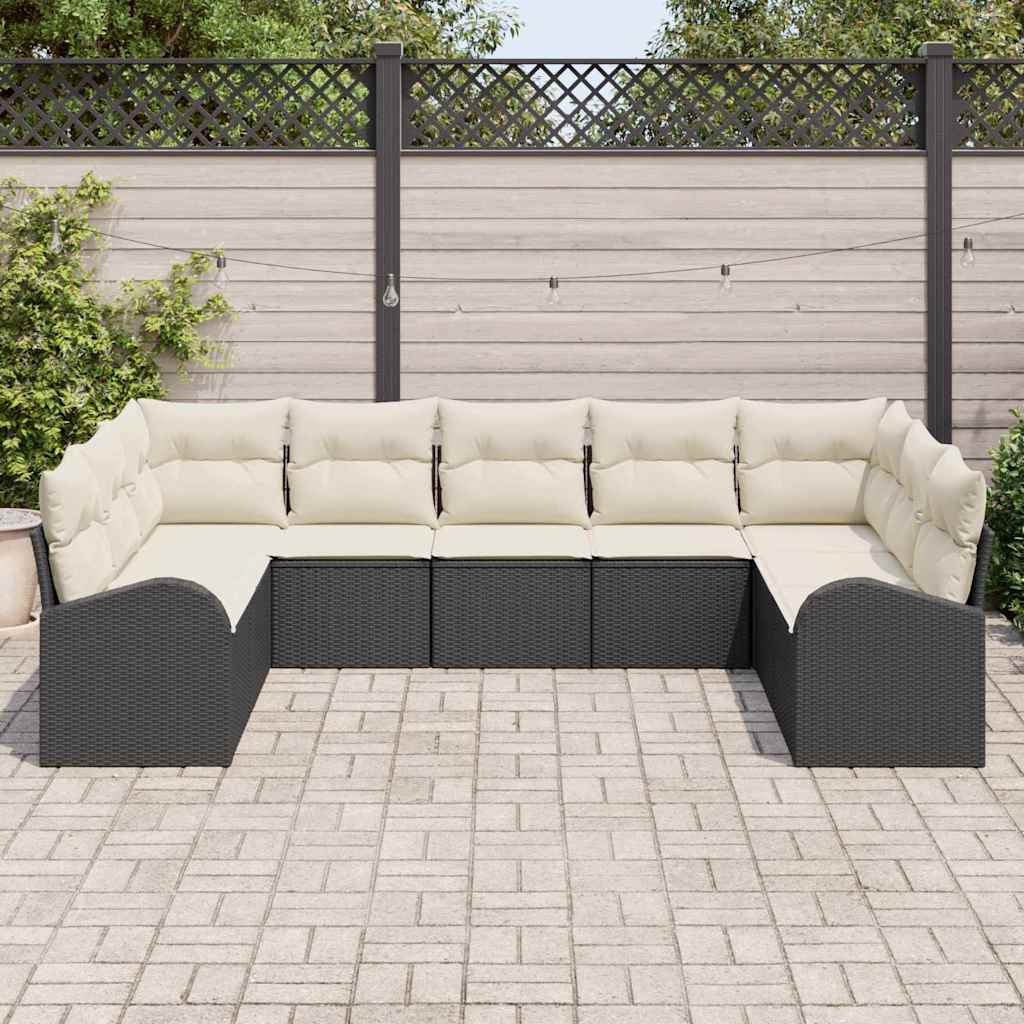 Juego de Sofá con cojín 9 pcs Negro Rattan de Poliéster