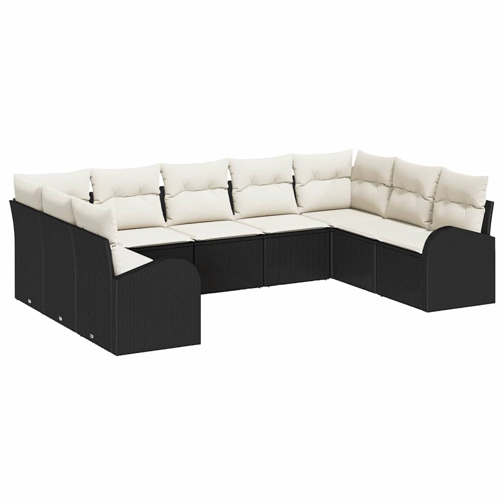 Juego de Sofá con cojín 9 pcs Negro Rattan de Poliéster