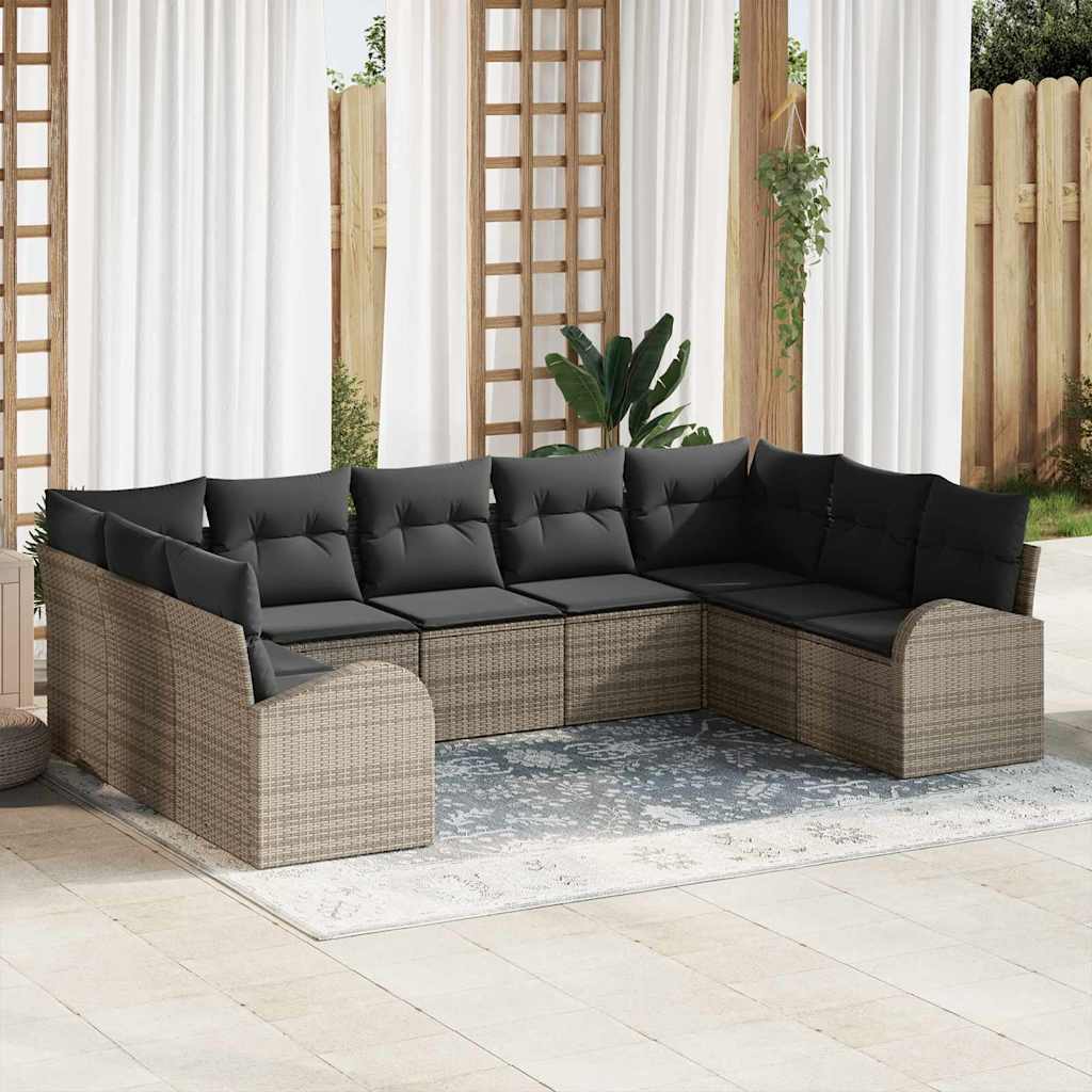 Juego de Sofá con cojín 9 pcs Gris Rattan de Poliéster