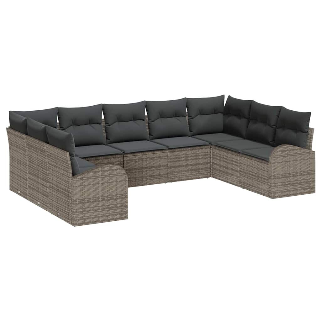 Juego de Sofá con cojín 9 pcs Gris Rattan de Poliéster