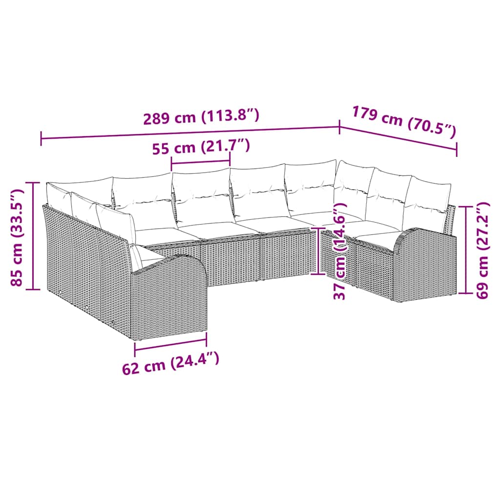 Juego de Sofá con cojín 9 pcs Gris Rattan de Poliéster