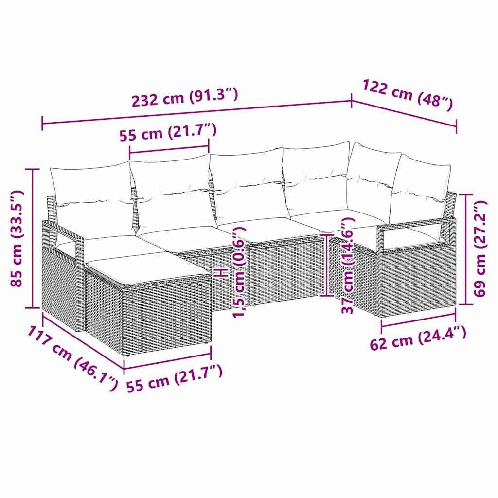 Juego de Sofá 6 pcs Gris claro ratán sintético