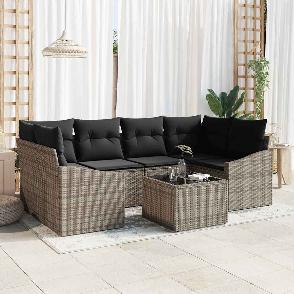 Conjunto de Sofá com Almofada 7 Peças Cinzento-Claro Rattan Sintético