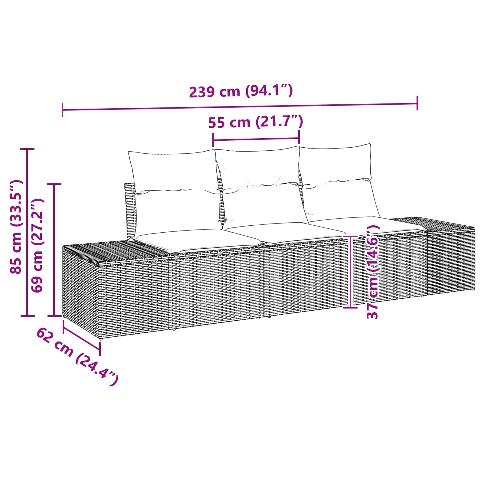 Juego de Sofá con cojín 3 pcs Marrón ratán sintético