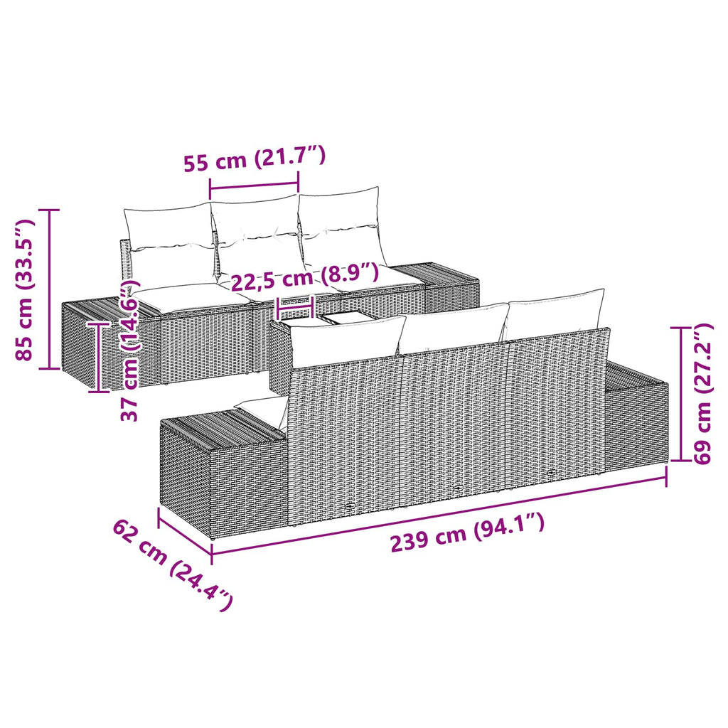 Conjunto de sofá de jardín 7 pcs Marrón ratán sintético