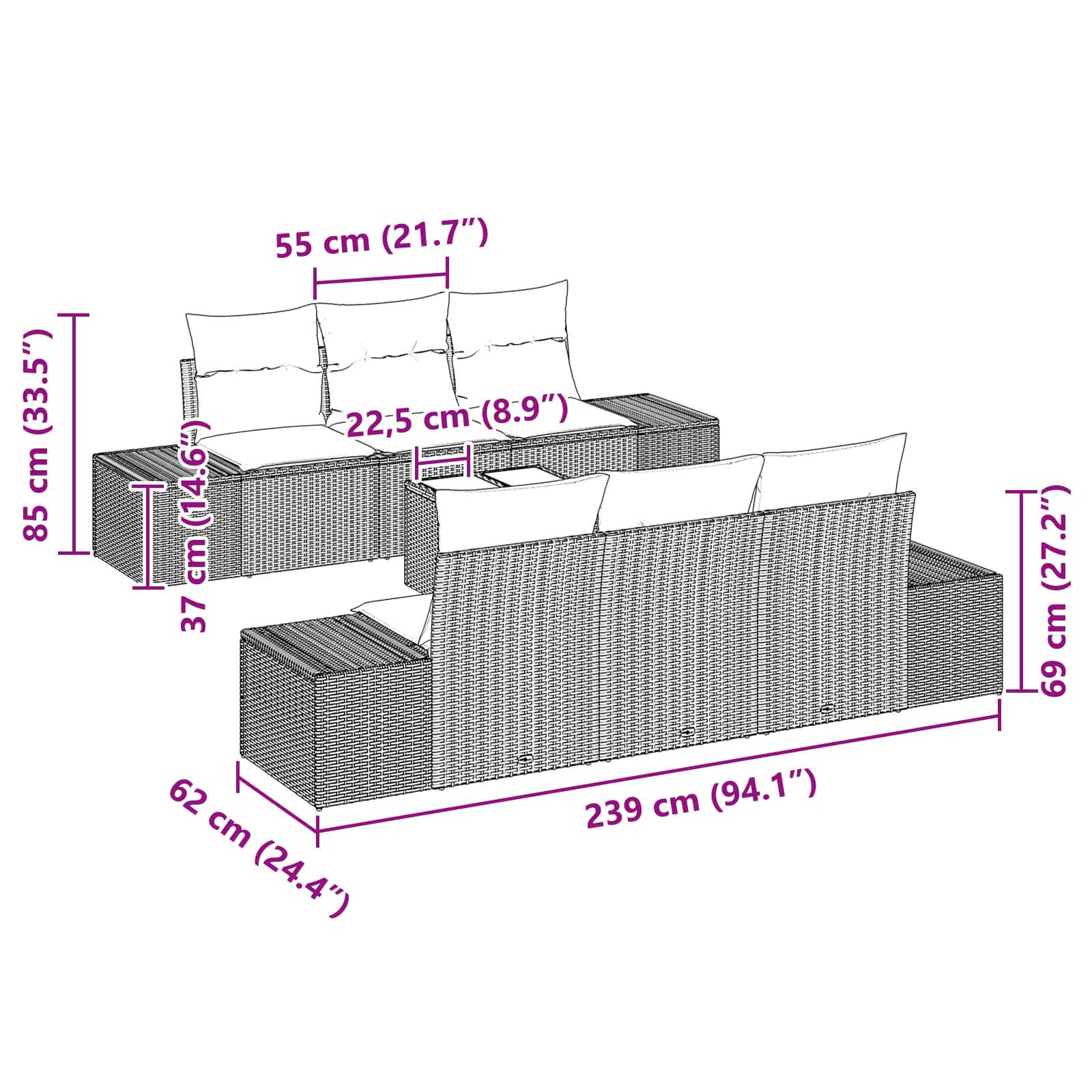 Conjunto de sofá de jardín 7 pcs Marrón ratán sintético