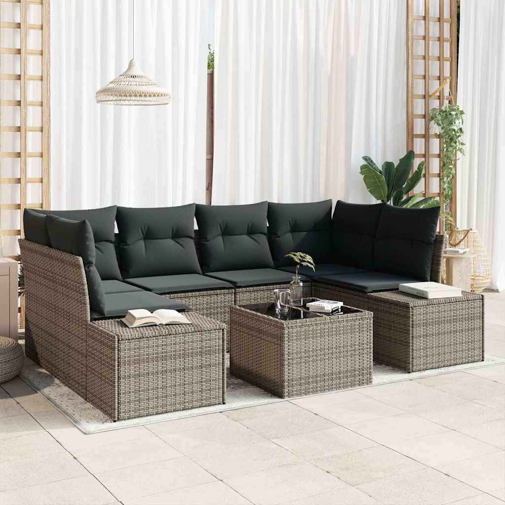 Conjunto de sofá de jardín con cojín 7 pcs Gris ratán sintético