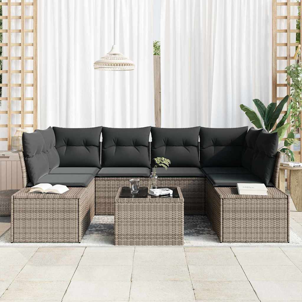 Conjunto de sofá de jardín con cojín 7 pcs Gris ratán sintético
