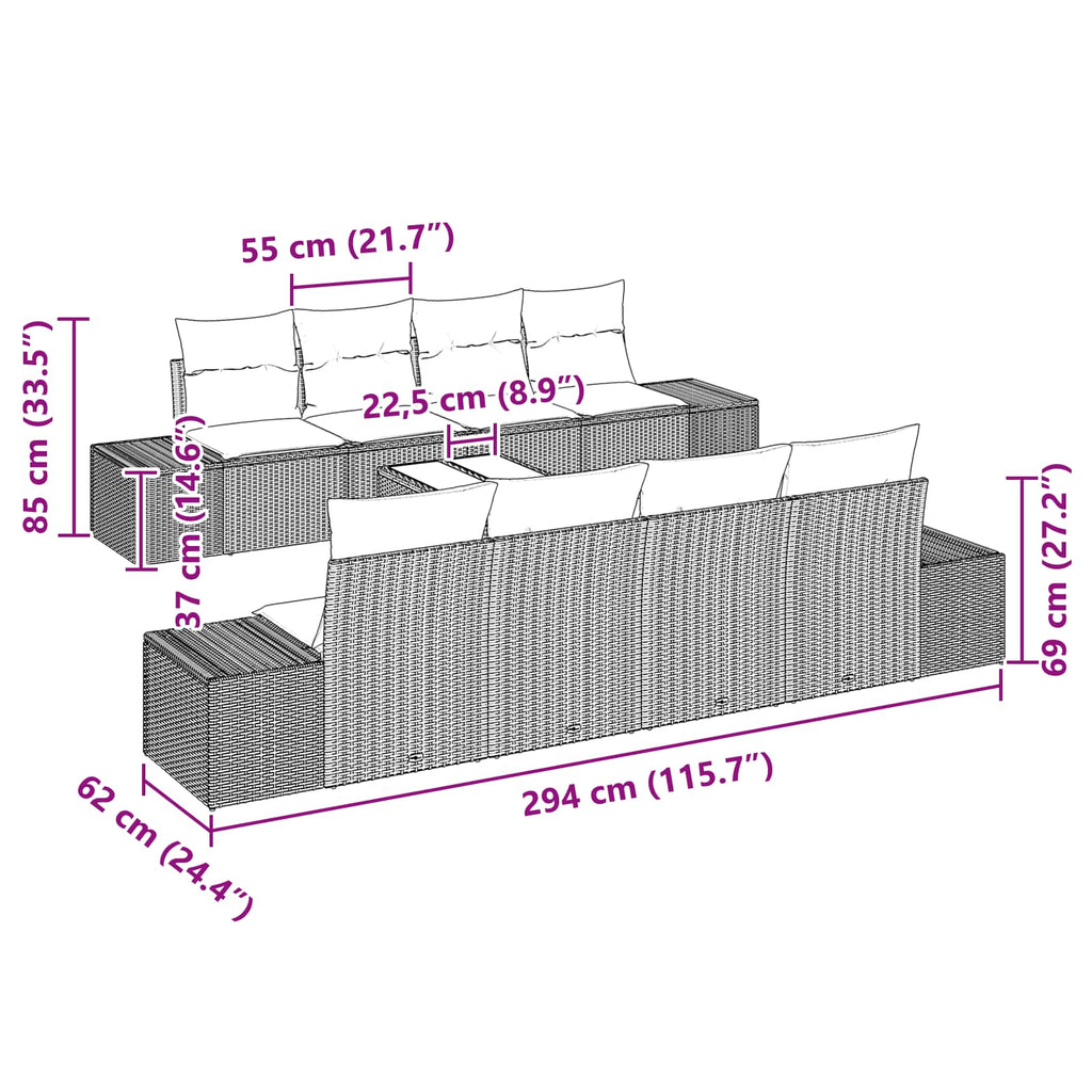 Conjunto de sofá de jardín 9 pcs Marrón ratán sintético