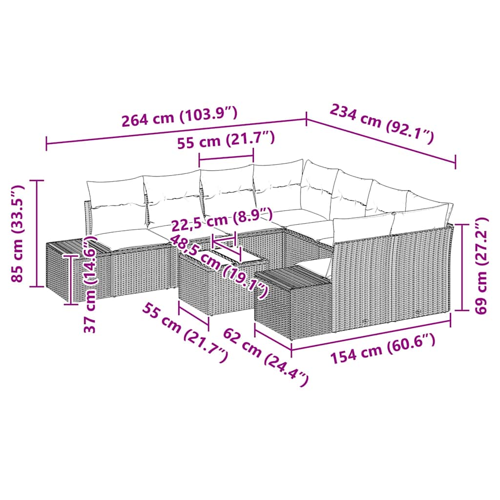 Conjunto de sofá de jardín 9 pcs Beige ratán sintético