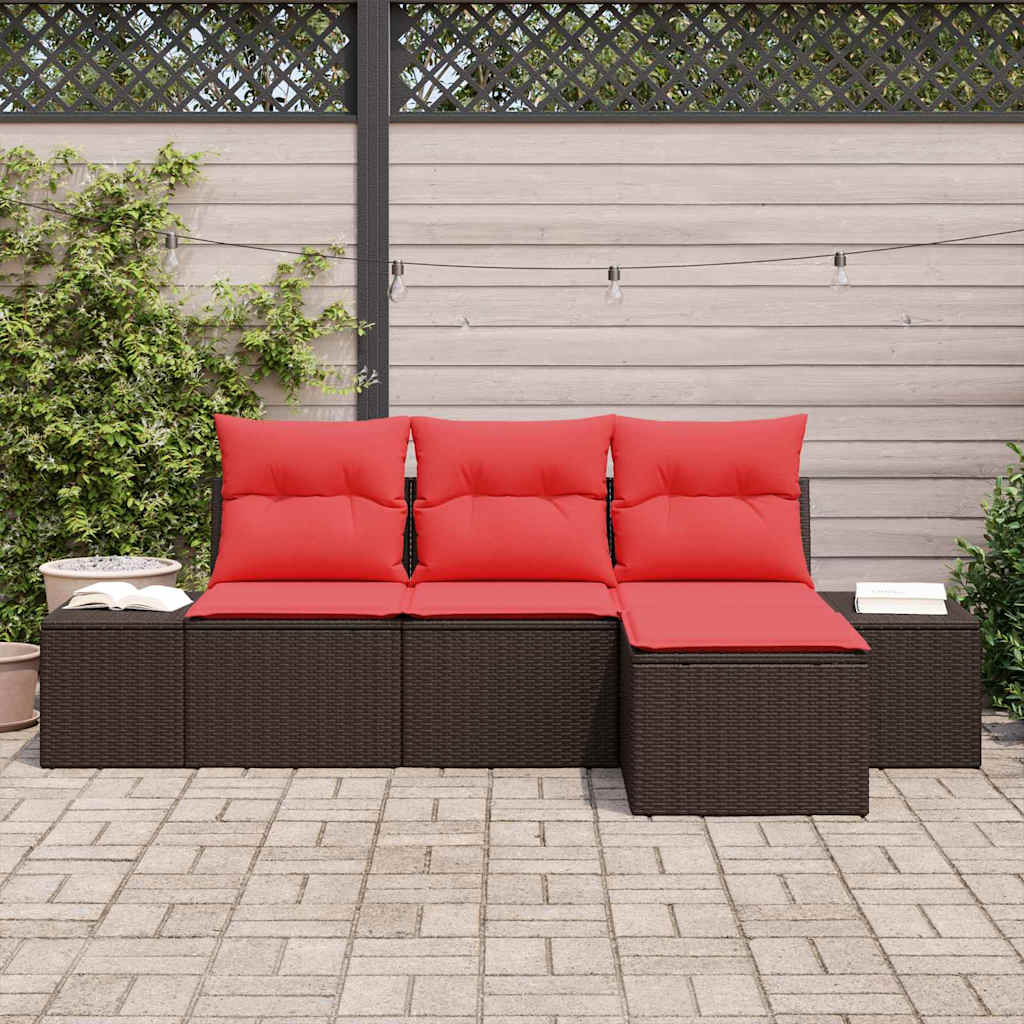 Juego de Sofá con cojín 4 pcs Marrón Rattan de Poliéster