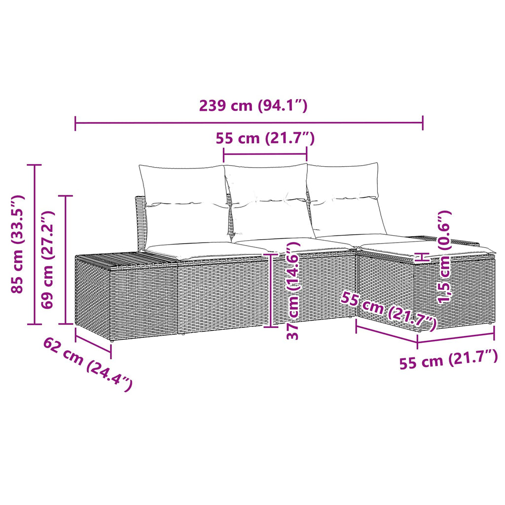 Juego de Sofá con cojín 4 pcs Marrón Rattan de Poliéster
