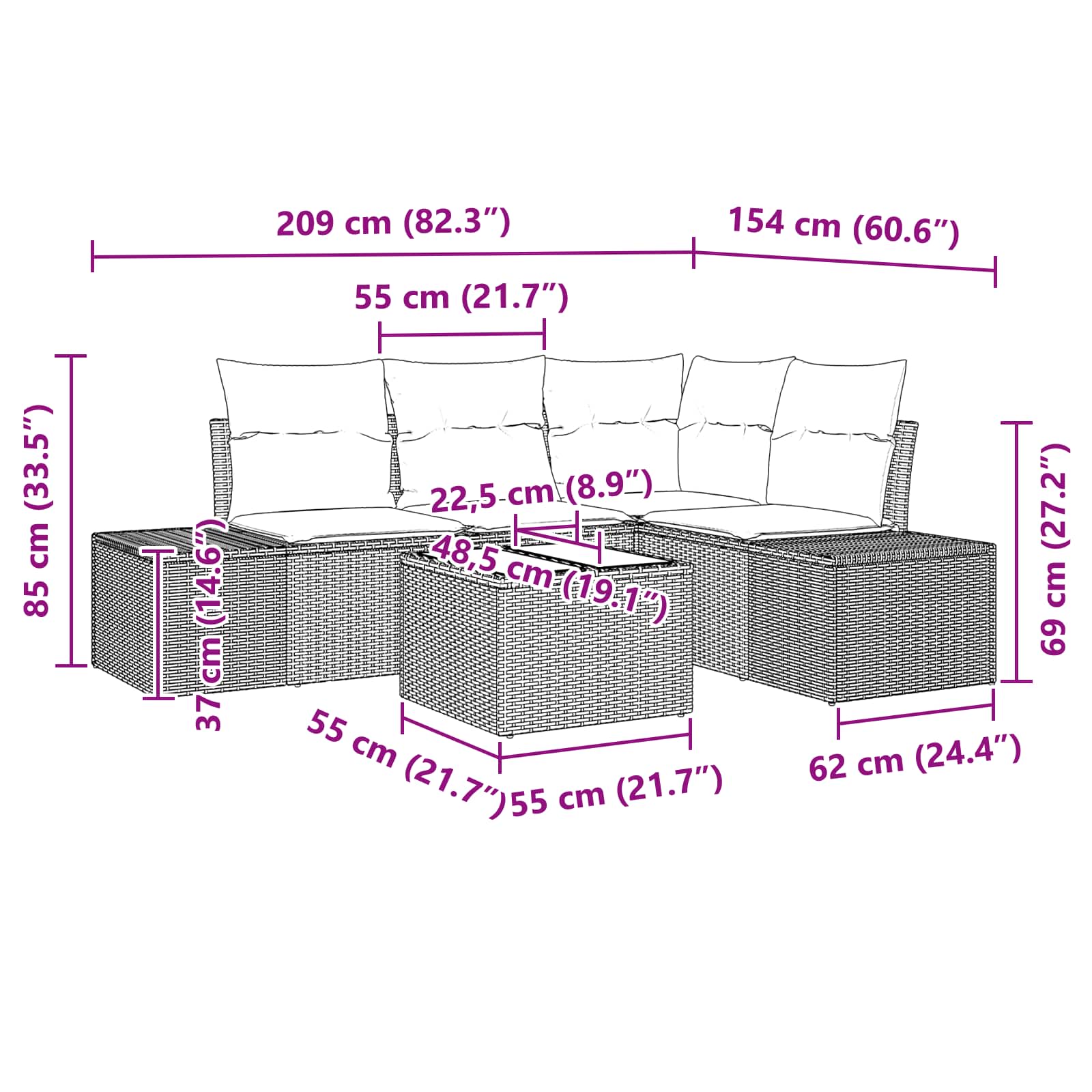 Conjunto de sofá de jardín 5 pcs Marrón ratán sintético