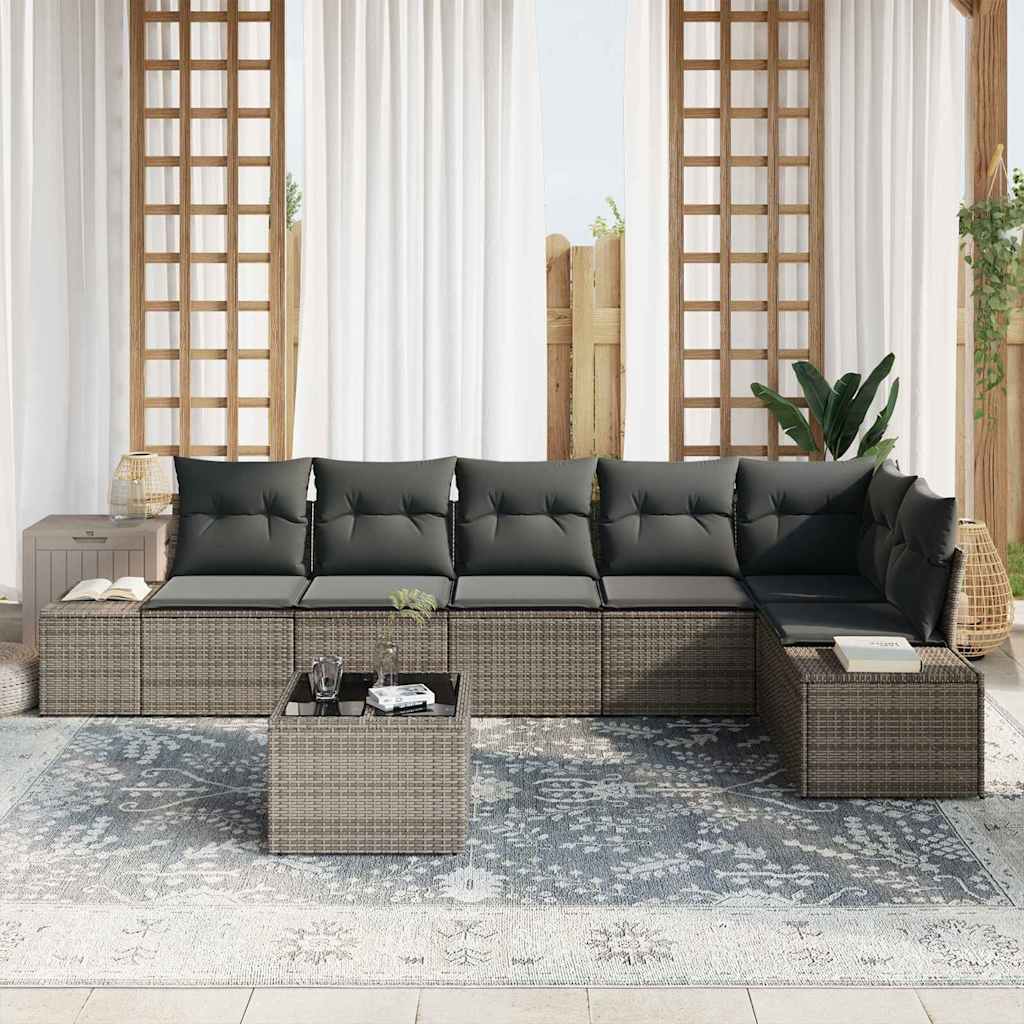 Conjunto de sofá de jardín con cojín 7 pcs Gris ratán sintético
