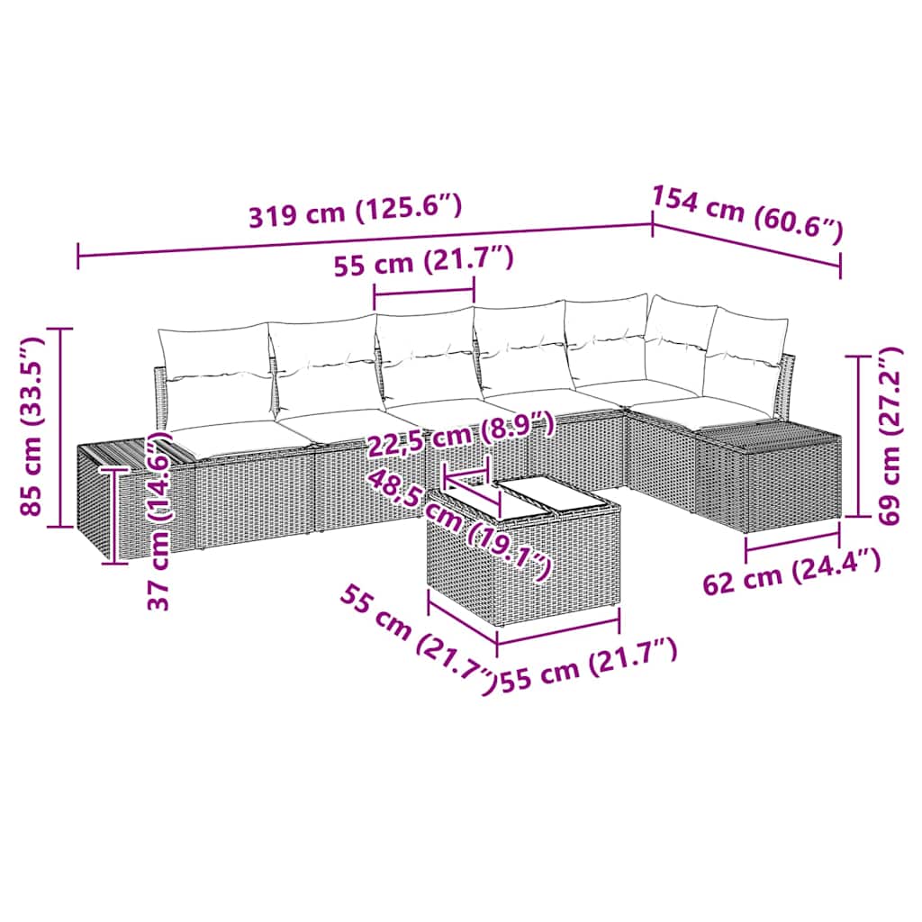 Conjunto de sofá de jardín con cojín 7 pcs Gris ratán sintético
