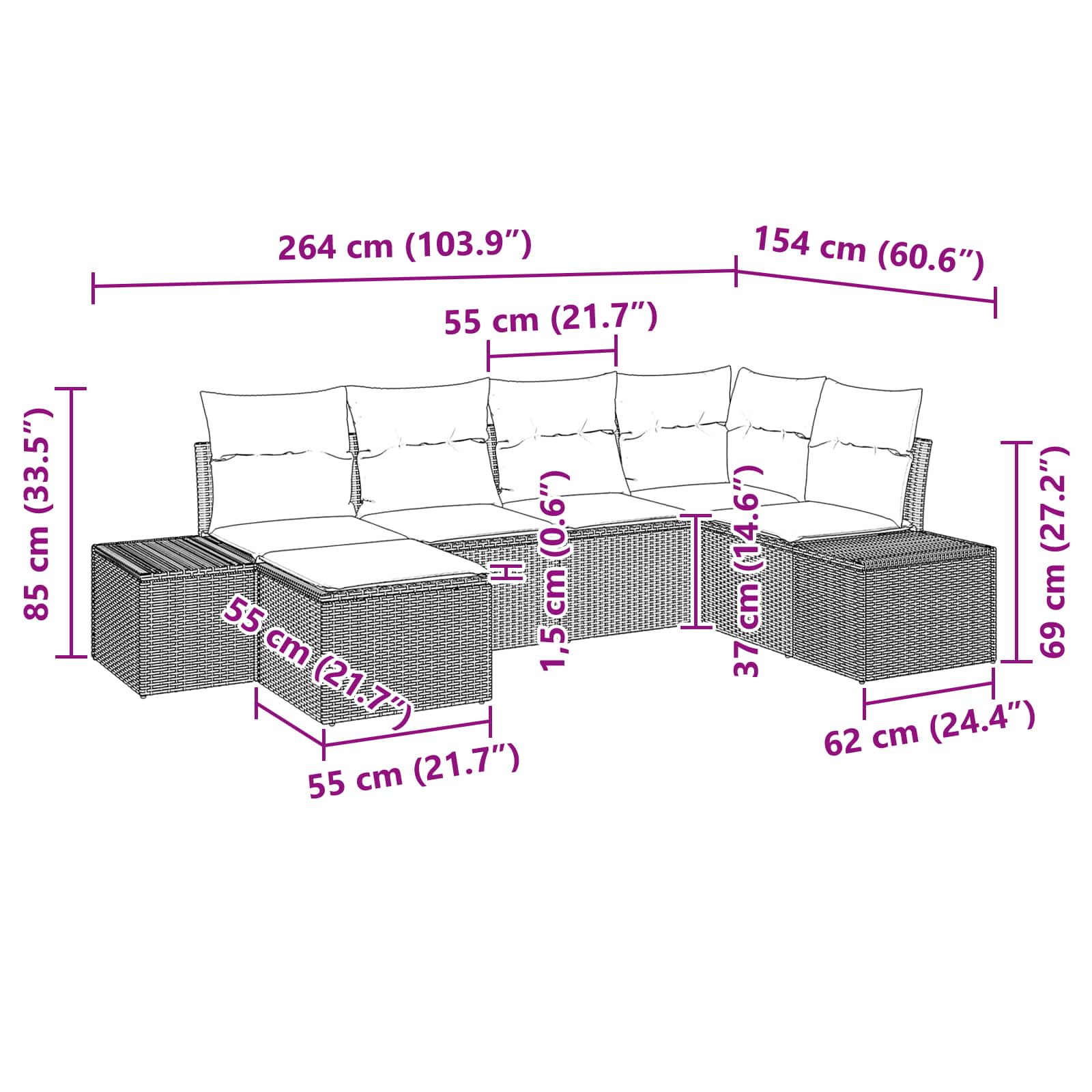 Conjunto de sofá de jardín 6 pcs Marrón ratán sintético