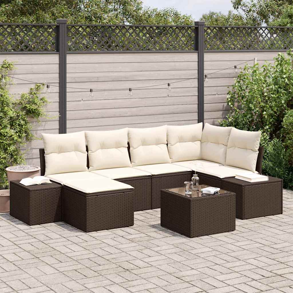 Conjunto de sofá de jardín 7 pcs Marrón y crema ratán sintético